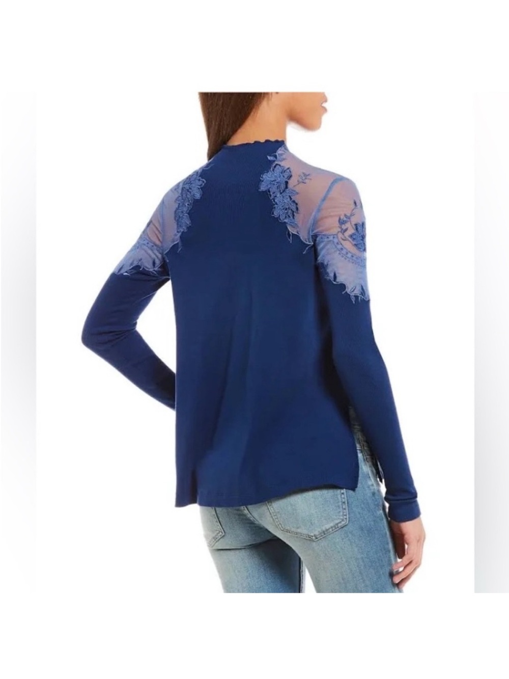 Free People Daniella Blue Embroidered Floral Knit Top - Size Medium